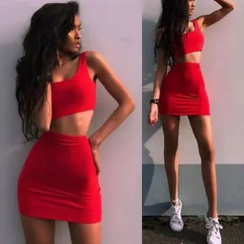 

Women 2 Piece Set U Neck Sleeveless Crop Top Grid Pencil Mini Skirt Ladies Elegant Casual Style Solid Red Dress Set Outfits