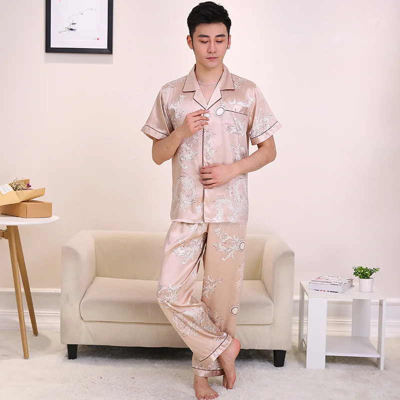 men short sleeve silk like pyjamas sets (2)
