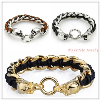 

8.66" 92g Cool New Men's Biker Jewelry Curb Chain Silver Gold Color Stainless Steel Mens Bracelet Bangle Black Brown Leather