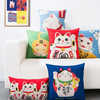 

Lovely Lucky Cat Printed Cushion Decorative Pillows Home Decor Sofa Throw Pillow Japanese Classical Capa Para Almofada 17in