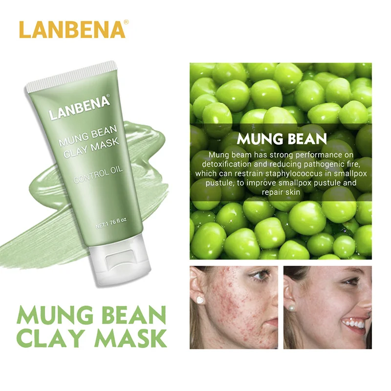 LANBENA Mung Bean глина маска для лица+ бамбуковый уголь+ черника+ Роза Глубокая очистка удаляет жир сужает поры Питательный Уход за кожей - Цвет: MUNG BEAN CLAY MASK
