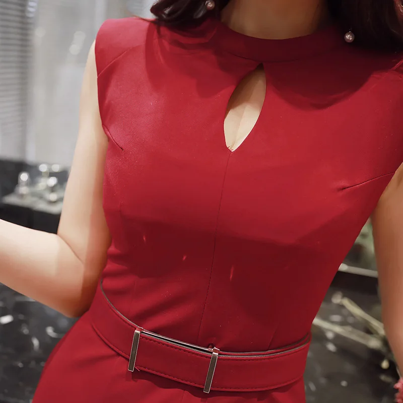 2018 Summer Hollow Out Bodycon Pencil Dress Women Red Black Sleeveless O-neck Dress Casual Office Lady Elegant Party Dresses