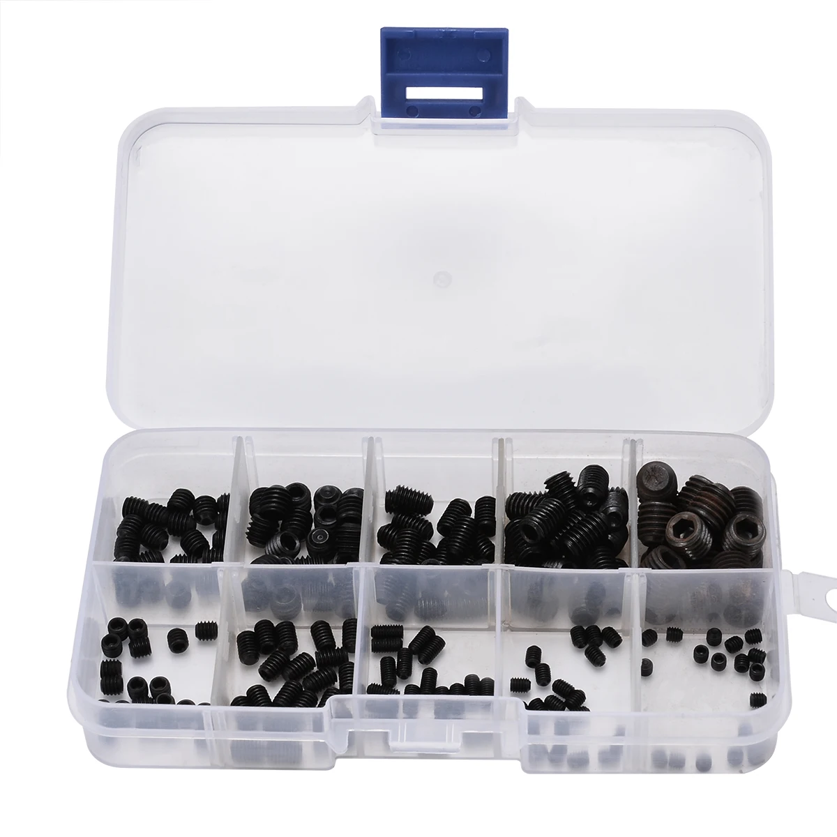 

200pcs Black Zinc Coating Allen Head Socket Hex Grub Screws Cup Point Screw Mixed Assortment Kit Set M3/4/5/6/8 with Plastic Box