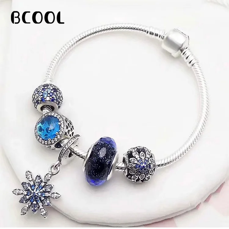 

BCOOL 100% 925 Sterling Silver Original Copy 1:1 2019 Women's Bracelet Snow Blue Crystal Beads Charm Jewelry Silver Free Package