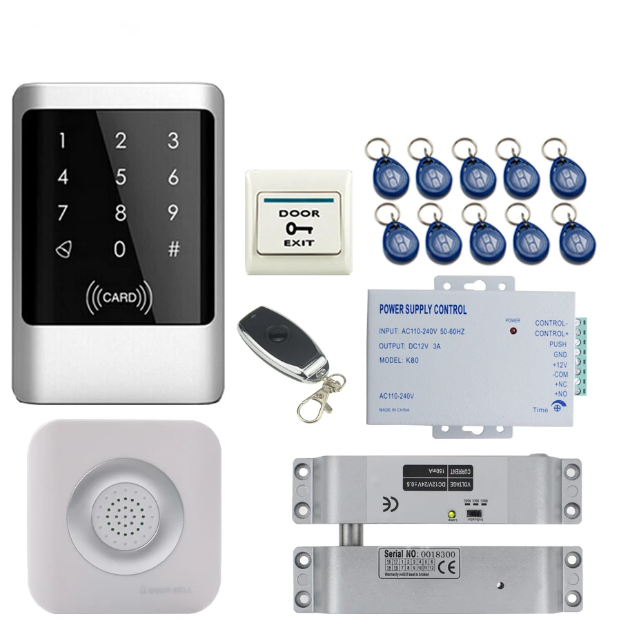 

JEX Metal RFID Password Access Controller Touch key Waterproof Door control system kit +Doorbell+12V Electric Drop Bolt lock