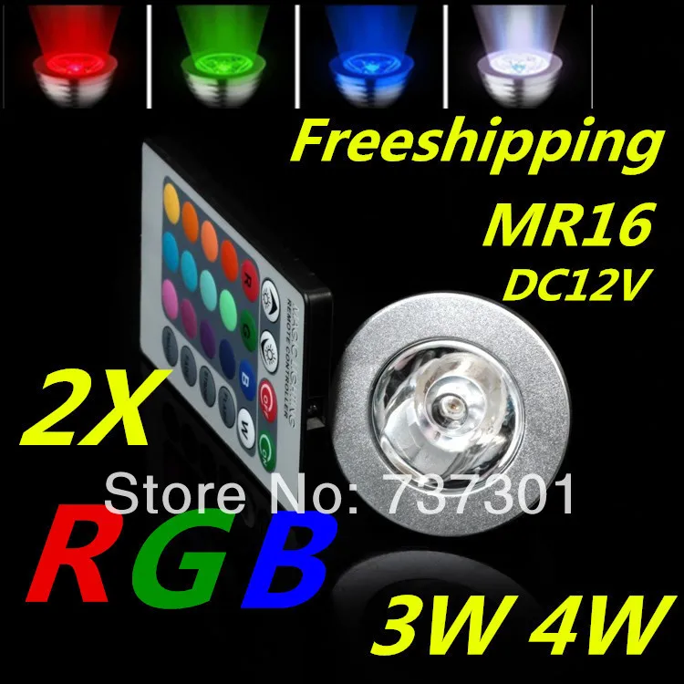 Freeshipping 2X MR16 LED lamp RGB 3w 4w 16 color changeable bulb E27 E14 GU10 B22 spotlight DC12V with Remote Control | Лампы и
