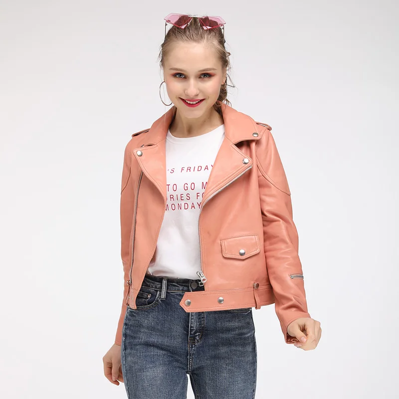 Maylofuer2019 Fashion Women Spring Autumn Pink Genuine Leather Jackets Zipper Basic Coat Turn-down Collar Biker Jacket With Blet