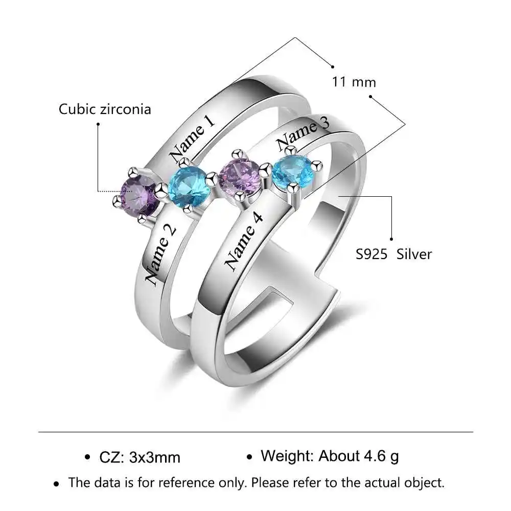 Personalized Gift for Family Engrave 4 Names Childrens Birthstone Promise Rings 925 Sterling Silver Jewelry (JewelOra RI103281)