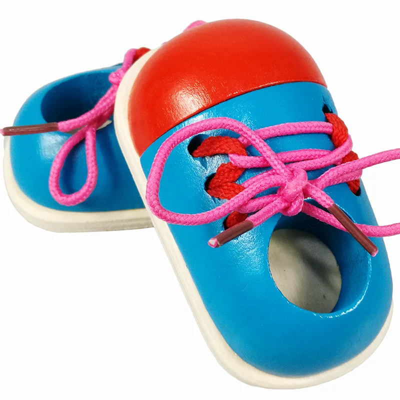 Kids Montessori Educational Wooden Toys Tie Shoes Lace up Shoes Toys Toddler Lacing Early Educational Learning 2Pcs