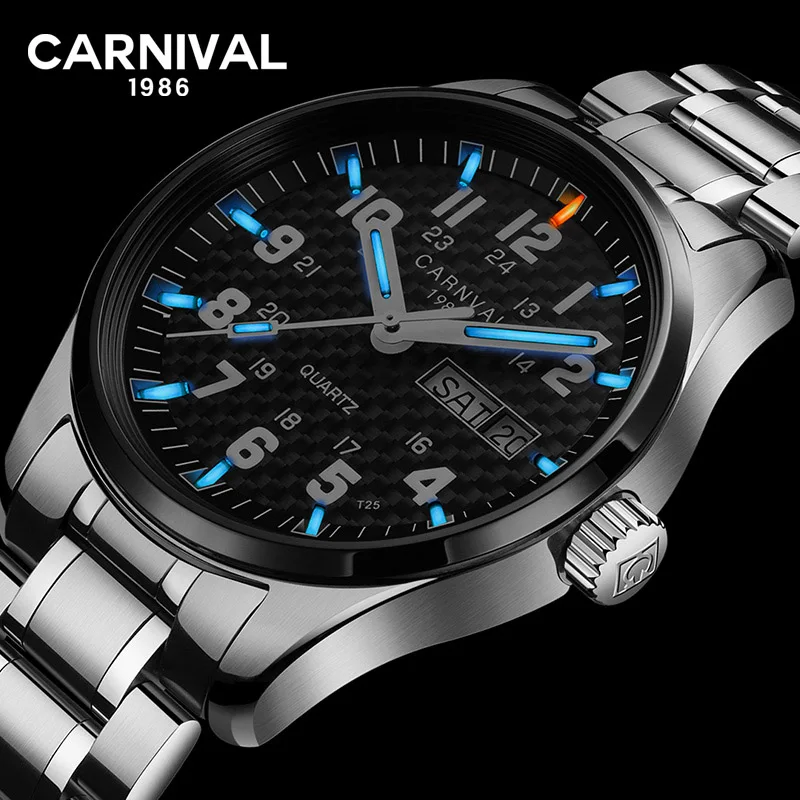 

New Luxury Watch Top brand CARNIVAL Switzerland Quartz Watch Men Watch 25 Years Tritium Luminous swimming Waterproof Clock 2018