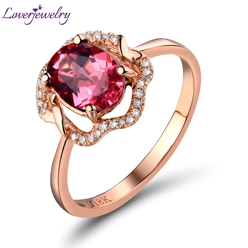 The Newest  Engagement Oval 6x8mm 18Kt Rose Gold Natural Diamond Pink Tourmaline Ring Gemstone Good Quality Jewelry R905