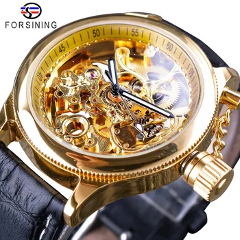 

Forsining Men's Mechanical Watches Screw Crown Cap Design Waterproof Golden Skeleton Clock Black Genuine Leather Horloge Mannen