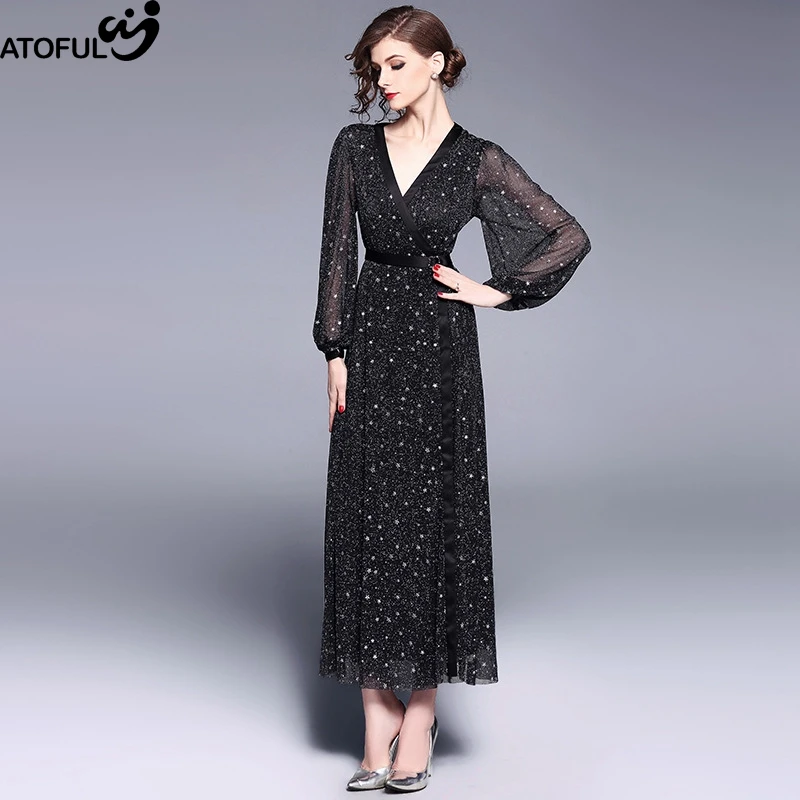 

ATOFUL Women Dress Stars Sexy V Neck Long Sleeve Maxi Wrap Dress Evening Party Casual Vintage Long Loose Dresses Vestidos