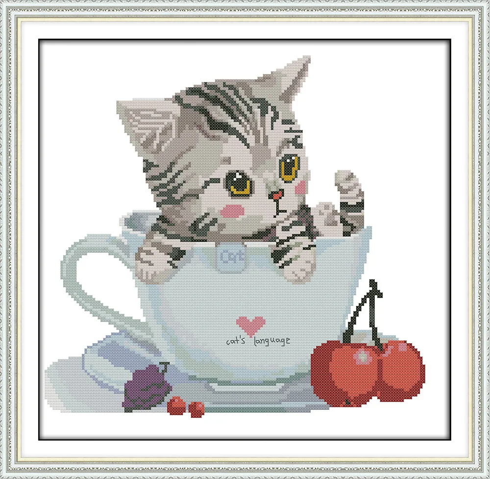

Joy Sunday The cat in the cup (2) Counted Chinese Cross Stitch Kits printed Cross-stitch set Embroidery Needlework