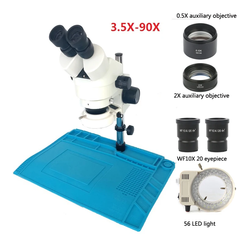 

3.5X-90X binocular stereo microscope large table frame +56 adjustable LED lights with +0.5X 2.0X lens + pad, mobile phone repair