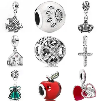 

Hot Sale Crystal Key House Crown Cross Bell Apple Fish Umbrella Heart Bead Fit Original Pandora Charms for Women DIY Jewelry