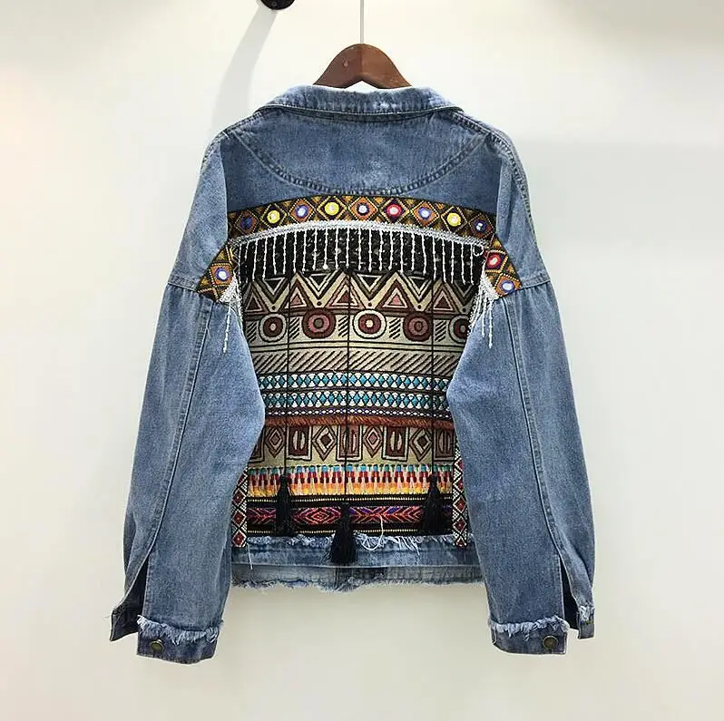 

2019 Promotion Full Jaqueta Feminina Bomber Jean Jackets Women Heavy Work Handmade Beaded Loose Long-sleeved Jacket Female