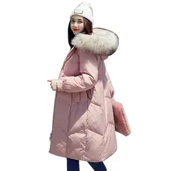 Женские зимние длинное пальто новые женские натуральный мех воротник с капюшоном Толстое Зимнее пальто белая утка вниз Куртка верхняя Mujer