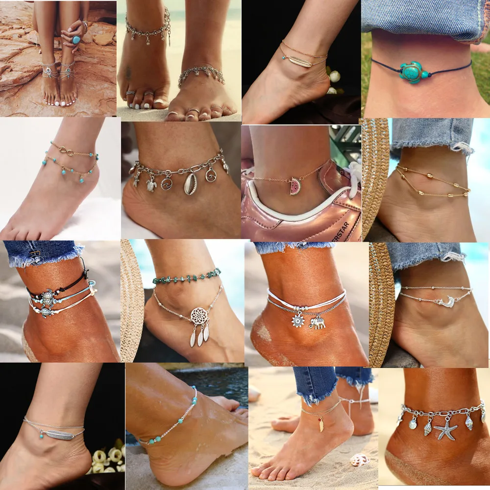 

Bohemian Silver Anklet Men Women Antique Vintage Gold Blue Stone Beads Beach Ocean Ankle Bracelet cheville Boho Foot Jewelry