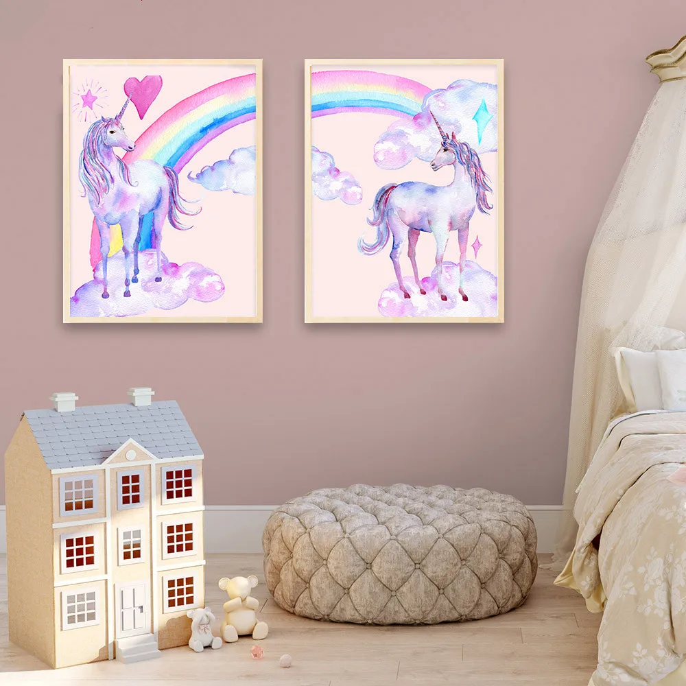 HJIAART-Pink-Rainbow-Unicorn-Posters-and-Prints-Watercolor-Pegasus-Painting-Wall-Art-Decorative-Picture-Nordic-Style (2)