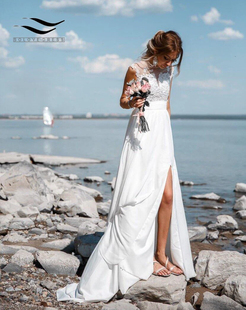 Сексуальное пляжное свадебное платье с v-образным вырезом, длинным рукавом, застежкой-молнией и кружевной аппликацией, настоящая фотография, свадебное платье SLD-W592