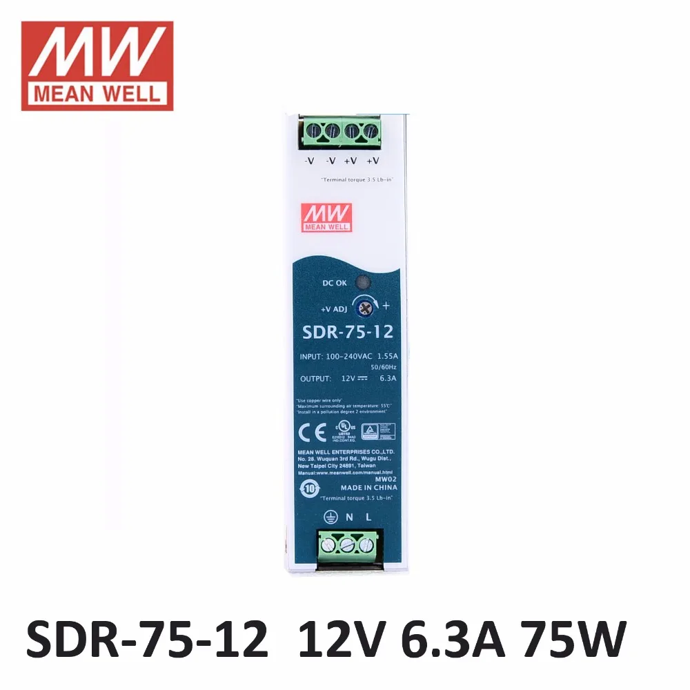 Оригинальный источник питания MEAN WELL SDR 75 12 single 6.3A 12V DIN Rail 86 264VAC вход DC 75W DR