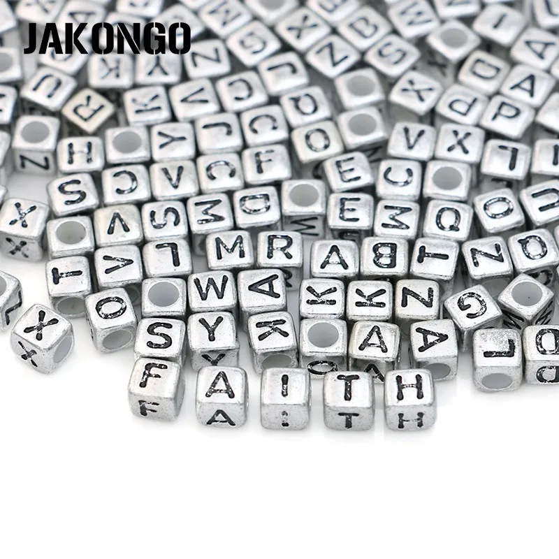 

200pcs Square Silver Acrylic Letters Spacer Beads Alphabet Loose Beads for Jewelry Making Bracelet Accessories Handmade DIY 6mm