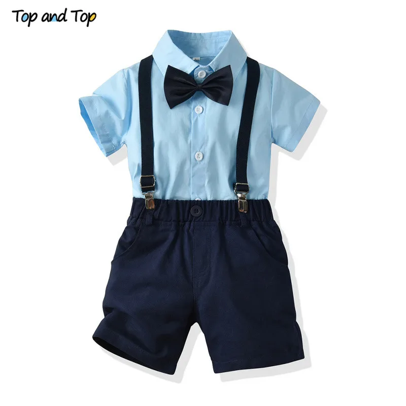 Топ и топ, летняя модная одежда для мальчиков, комплект джентльмена, хлопковая рубашка с короткими рукавами и бантом+ шорты на подтяжках, повседневная одежда - Цвет: Небесно-голубой