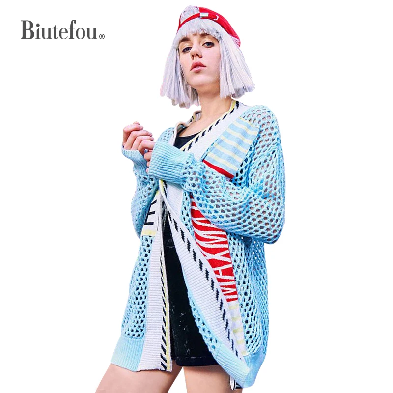 

2019 Spring knitted eyelet coats women new arrival open stitch hollow out v-neck long coats