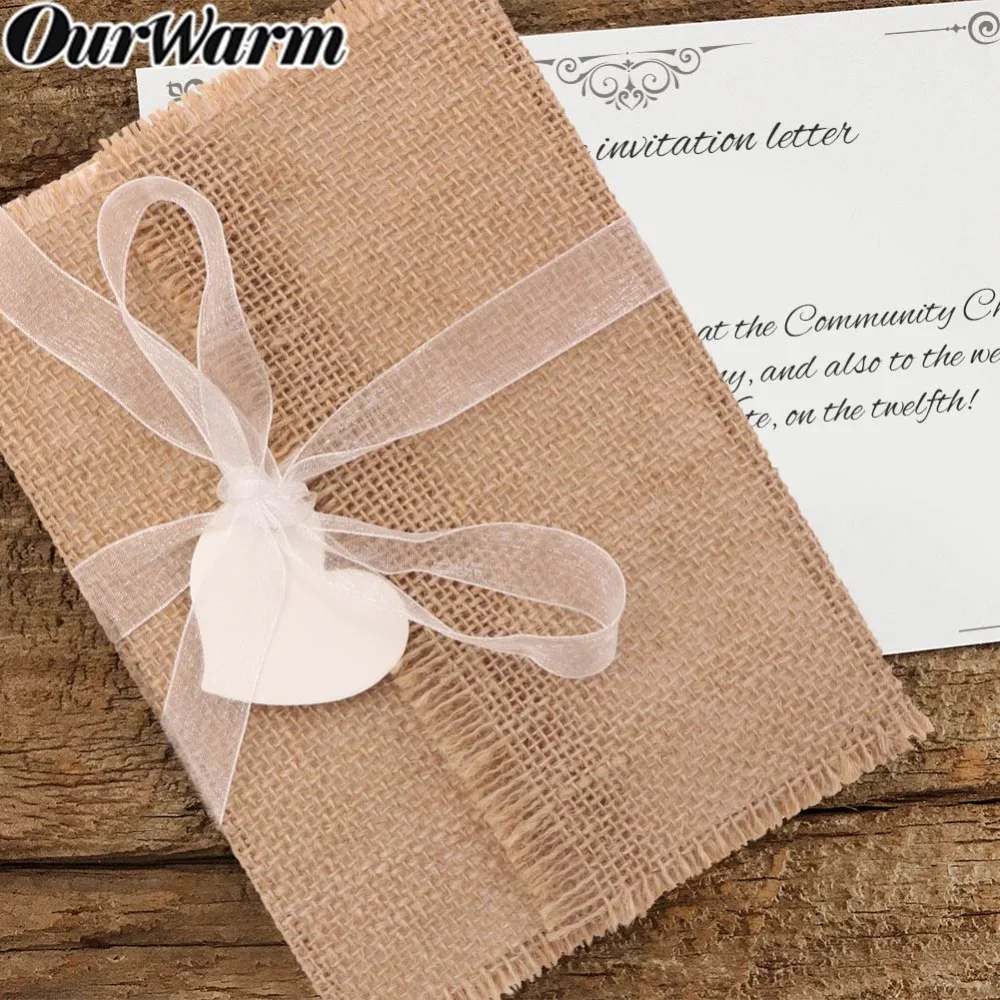 OurWarm 50Pcs Jute Burlap Wedding Invitations Card Paper Envelope For