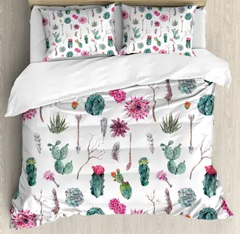 

Cactus Decor Duvet Cover Set Vintage Botanical Pattern Arrows Feathers Succulent Twigs Hawaii Spring Tropic 4 Piece Bedding Set