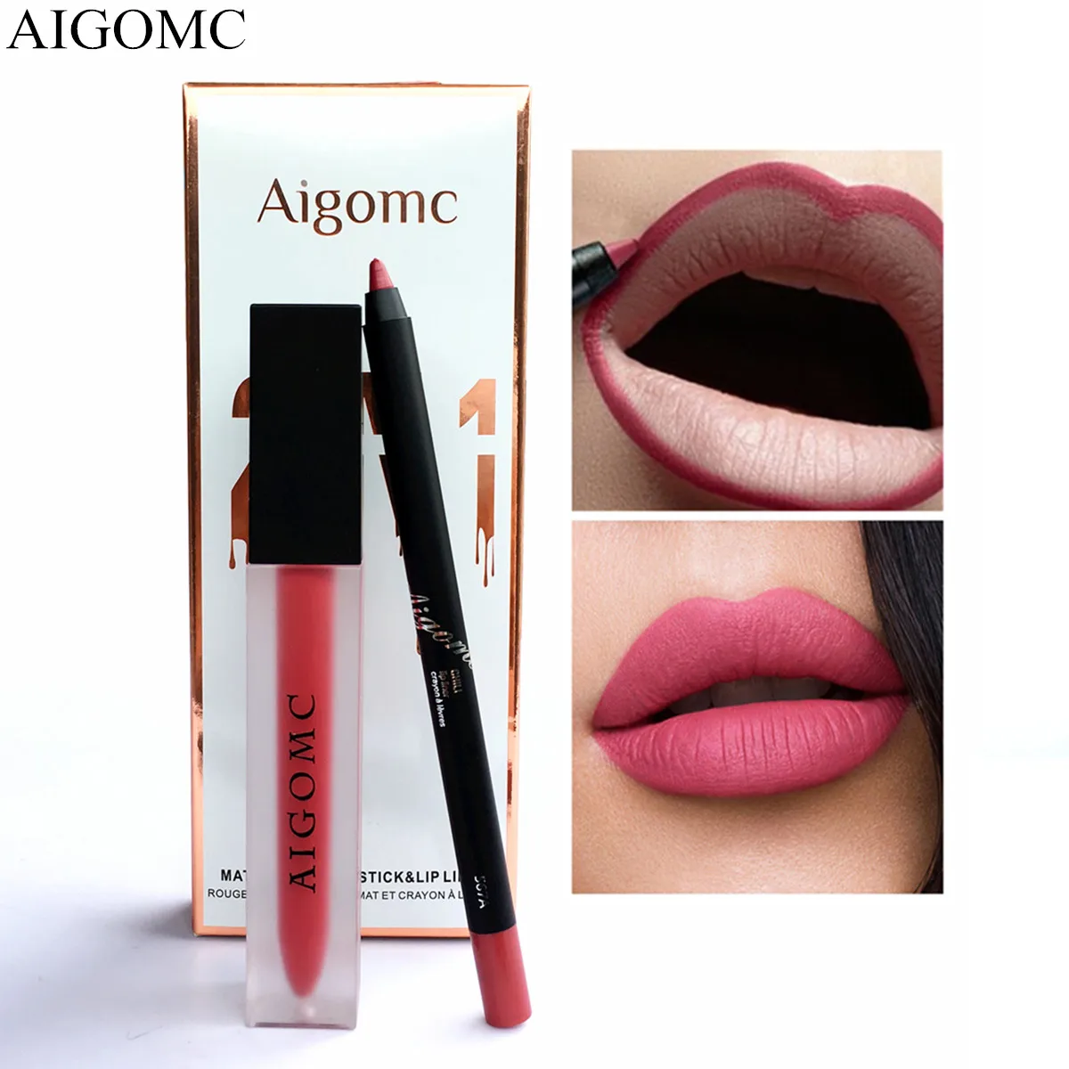 

AIGOMC 2PCS/SET Matte Liquid lipstick+lips pencil Makeup Long Lasting Waterproof lip gloss kit Cosmetics