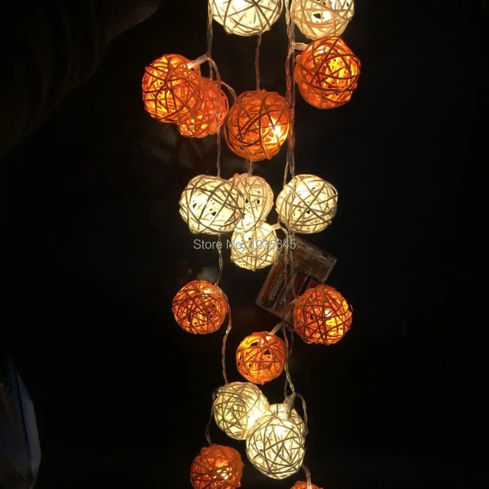 LED Battery Rattan String Lights 20pcs White&Orange Rattan Balls String Lights Party Wedding ...