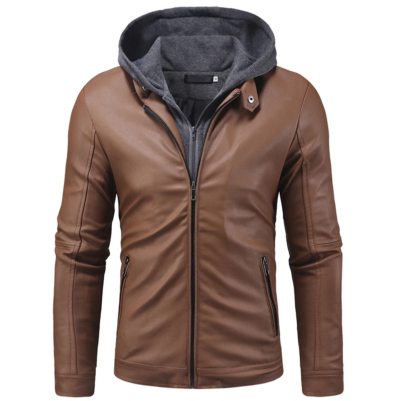 

Leather Jaket Men New Fashion Fake Two Pieces Knitted Hooded Winter Jackets Mens Casual High Quality Motorcycle Coat