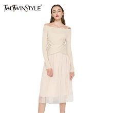 Twotwinstyle 2017 Весна Для женщин трикотажные Топы корректирующие Тюль длинной миди Платья для женщин Вечеринка женские пикантные Кружево повязки Обёрточная бумага туника плюс Размеры