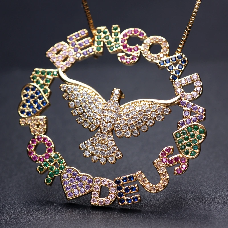 Big round Pendant Necklaces Full Paved Colorful Cubic Zirconia Heart Letter Eagle Gold Chain women boho party Necklace Wholesale