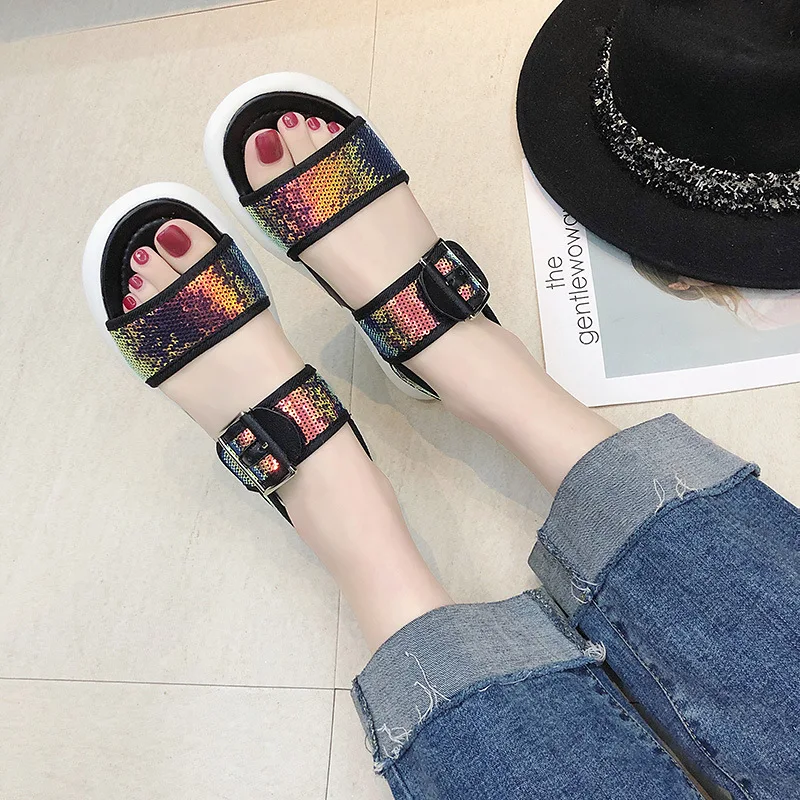 Jookrrix Women shoes forFashion Platform White Chunky Sandals Lady Pu Leather Shoes Wedges High Thick Sole Black Sandal Shoe