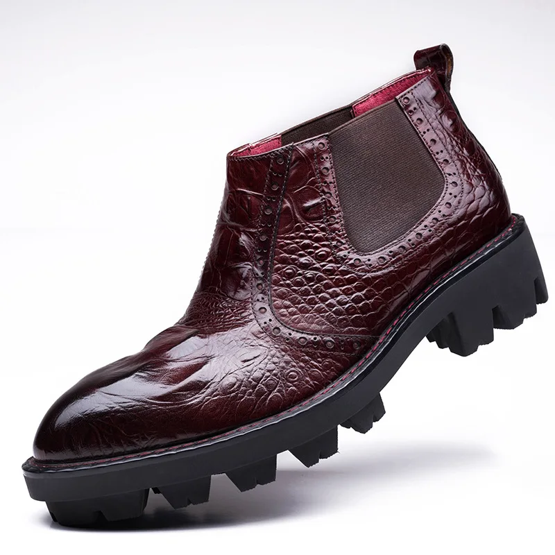 Бренд grimentin; дизайнерские мужские мотоциклетные ботинки в крокодиловом стиле; мужская обувь на толстой подошве из натуральной кожи - Цвет: brown