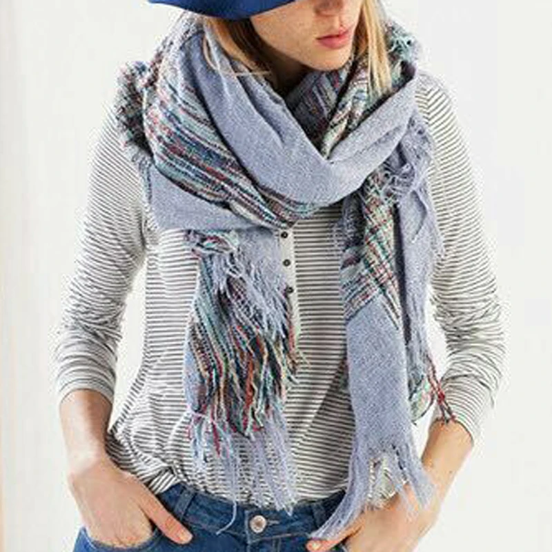 Z1563 Womens Mens Unisex Mix Color Stripe Tassel Cape Blanket font b Tartan b font Scarf
