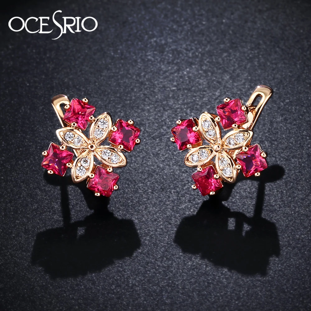 OCESRIO Роскошные 585 золотые серьги с цирконием AAA для женщин, серьги с цветком из розового золота, красные серьги с камнями, трендовые ювелирные изделия, ers-j52