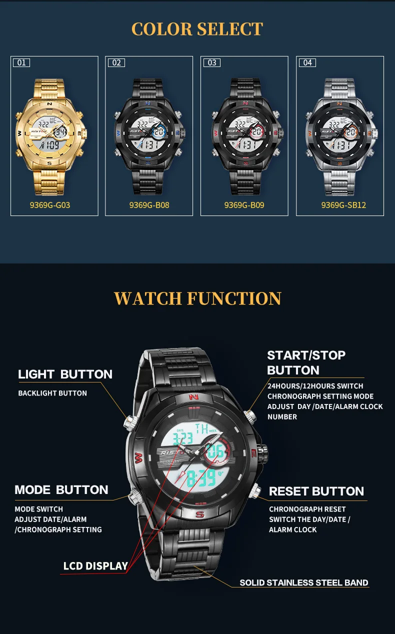RISTOS мужские спортивные часы с хронографом, цифровые мужские модные часы Relojes Masculino Hombre, многофункциональные аналоговые наручные часы 9369