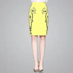 Для женщин желтая юбка бисер тонкий по колено Офисная Женская юбка. Черный высокое качество нижняя часть одежды