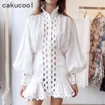 

Cakucool New Lace White Women Dress Hollow Out Stand Collar Long Lantern Sleeve Slim Mini-dress Ruffled Vocation Beach Dress