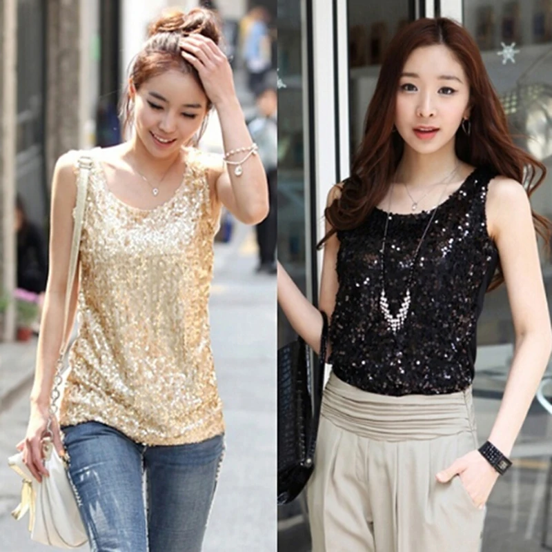 

Plus Size Xxxl Top Sexy Sleeveless Tank Tops Sequined Vest Women O Neck Tank Tops Shirt Solid Color Silver Gold Camis