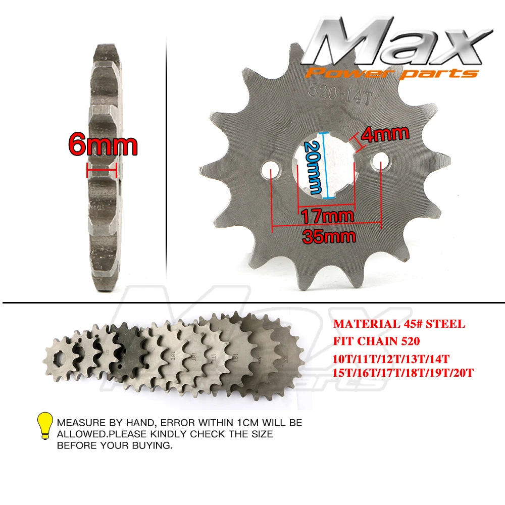 

10T 11T 12T 13T 14T 14T 15T 16T 17T 18T 19T 20T Teeth 20mm Front Sprocket For 520 Chain Loncin Lifan Engine Pit Bike ATV xz250r