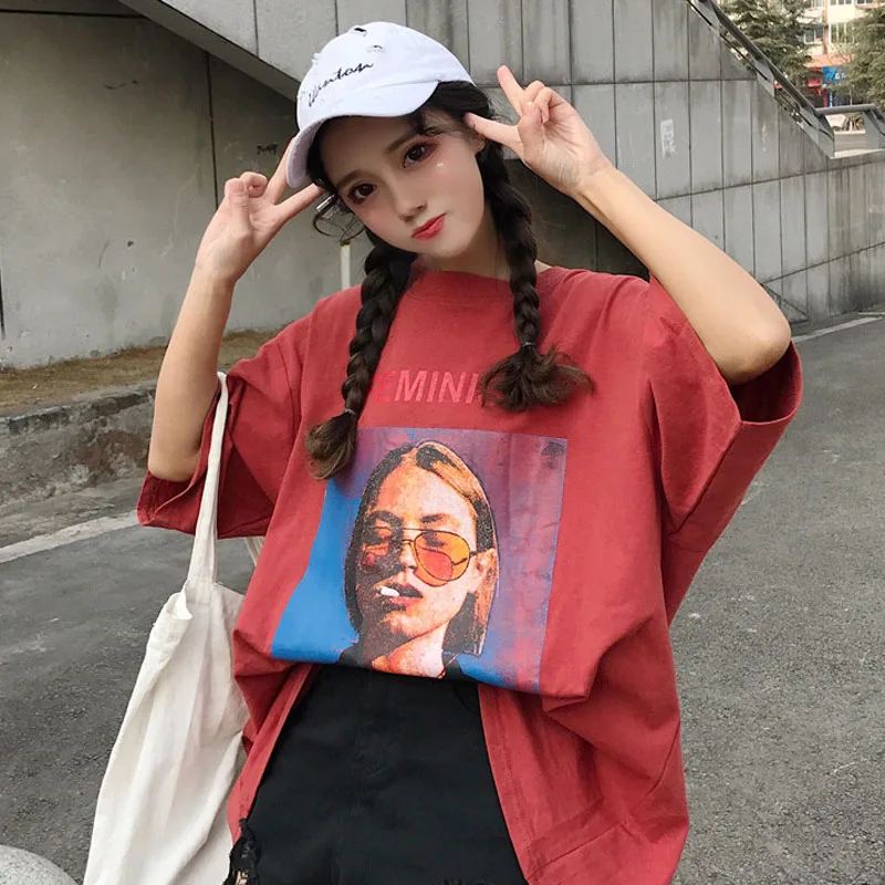 Свободная футболка размера плюс и выше размера d, крутая футболка с графическим буквенным принтом, Длинный топ в Корейском стиле Harajuku Ulzzanggirl, уличная футболка - Цвет: Красный