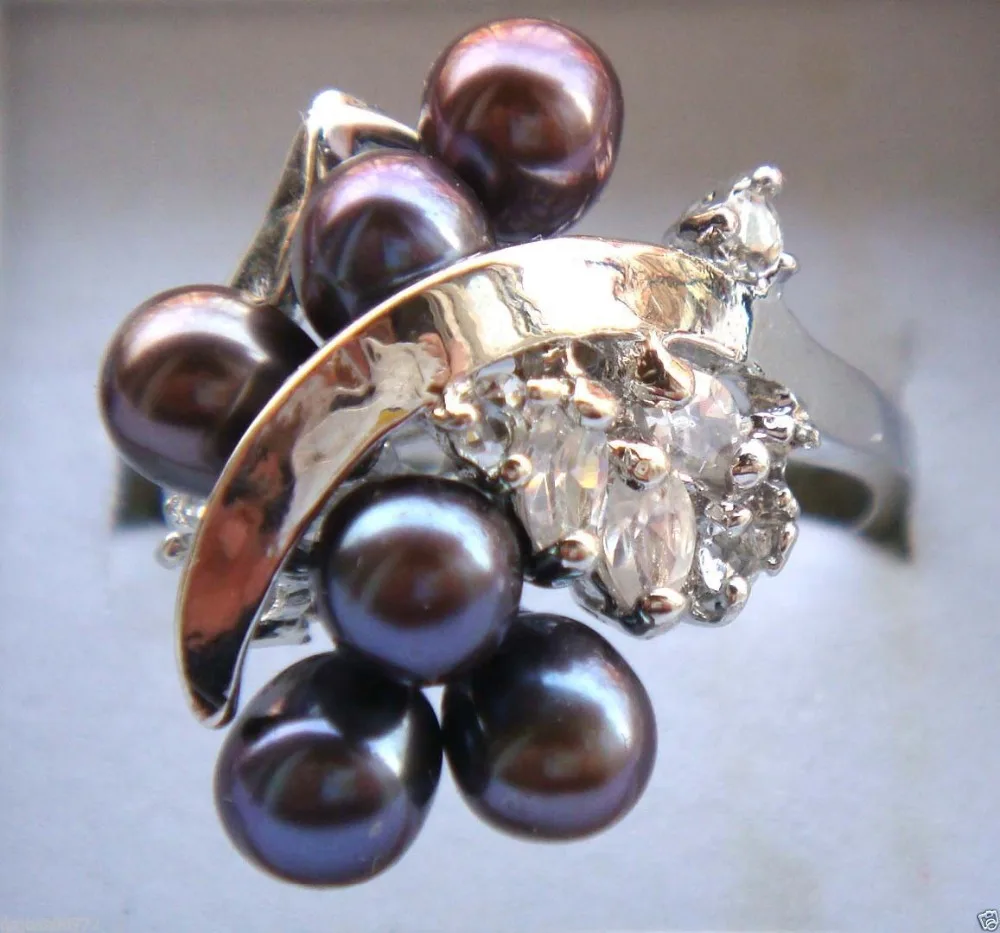 

Wholesale price 16new ^^^^Pretty Natural 6-7mm Black Freshwater Pearl Clear Crystal Ring