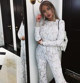 

2019 Summer White Bodysuit Deep O-Neck Female Body Hot Sexy Women Long Sleeve Lace Jumpsuit Overalls Streetwear