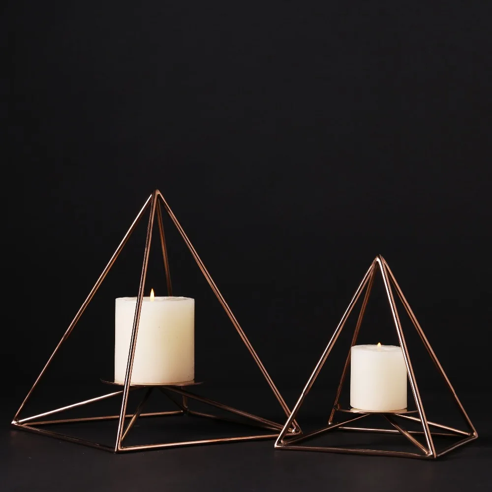 Gold Pyramid Shape Candle Stand Holder Metal Copper 