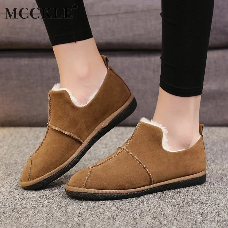 Goedkoop MCCKLE Vrouwen Loafers Winter Warm Platte Schoenen Vrouwelijke Naaien Faux Fur Casual Schoenen Voor Dames Laarzen Slip Op Comfortabele Schoen
